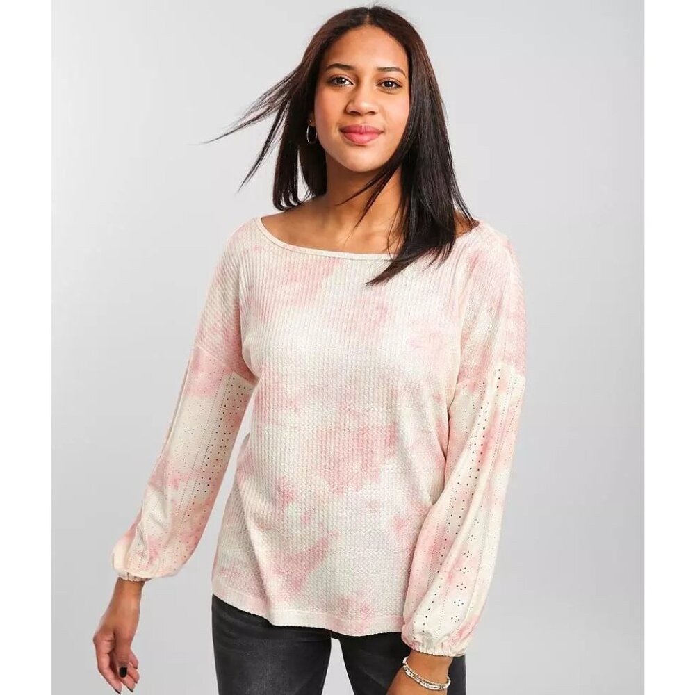 NEW Buckle Daytrip Pink Waffle Knit Wide Neck Long Sleeve Top XS